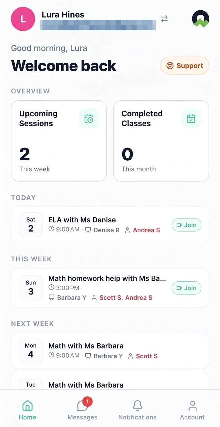 ICONIC Academy mobile app home screen showing upcoming sessions