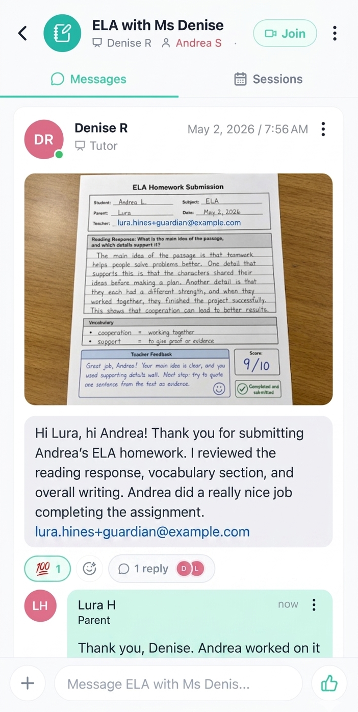 ICONIC Academy mobile app messages screen showing tutor feedback